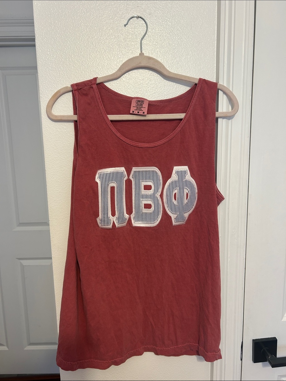 Comfort Colors Pi Beta Phi Red Tank Top with Blue and White Searsucker Letters